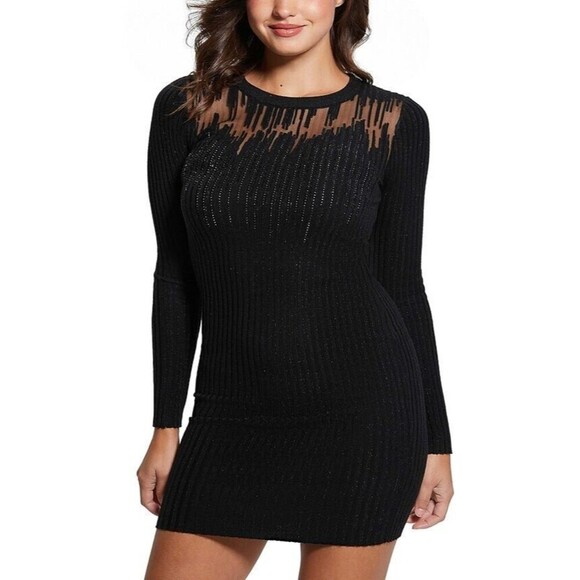 GUESS Women's Claudine Embellished Rib-Knit Mini Dress Rhinestone Black Size M - Picture 1 of 5
